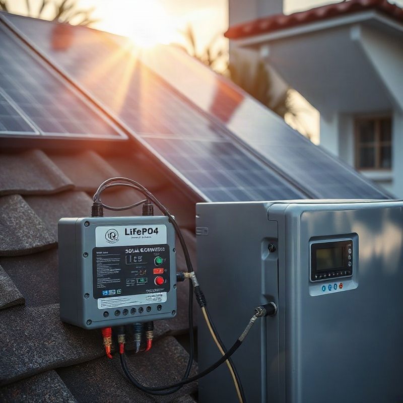 Banco de baterías LiFePO4 conectado a un controlador de carga solar en una instalación aislada