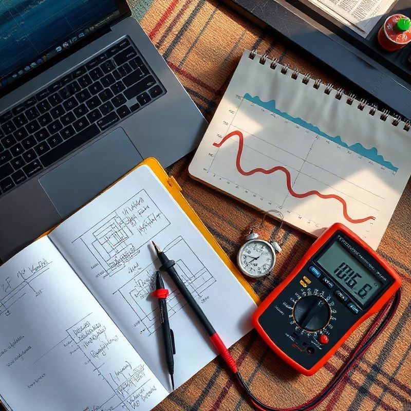Cuaderno técnico con diagramas dibujados a mano junto a un multímetro digital